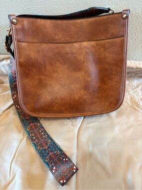 CAITINA  Brown Leather Crossbody Hobo Bag with Guitar Strap